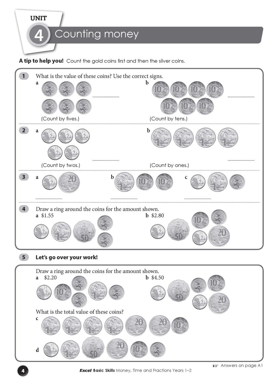 Sample interior page from the Excel Basic Skills Money, Time and Fractions Years 1-2 workbook, as shown in the Pascal Press gallery