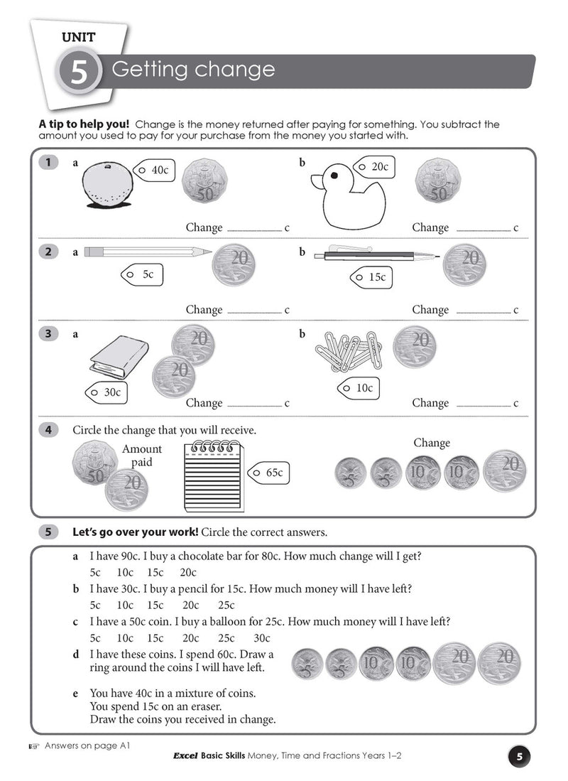 Sample interior page from the Excel Basic Skills Money, Time and Fractions Years 1-2 workbook, as shown in the Pascal Press gallery