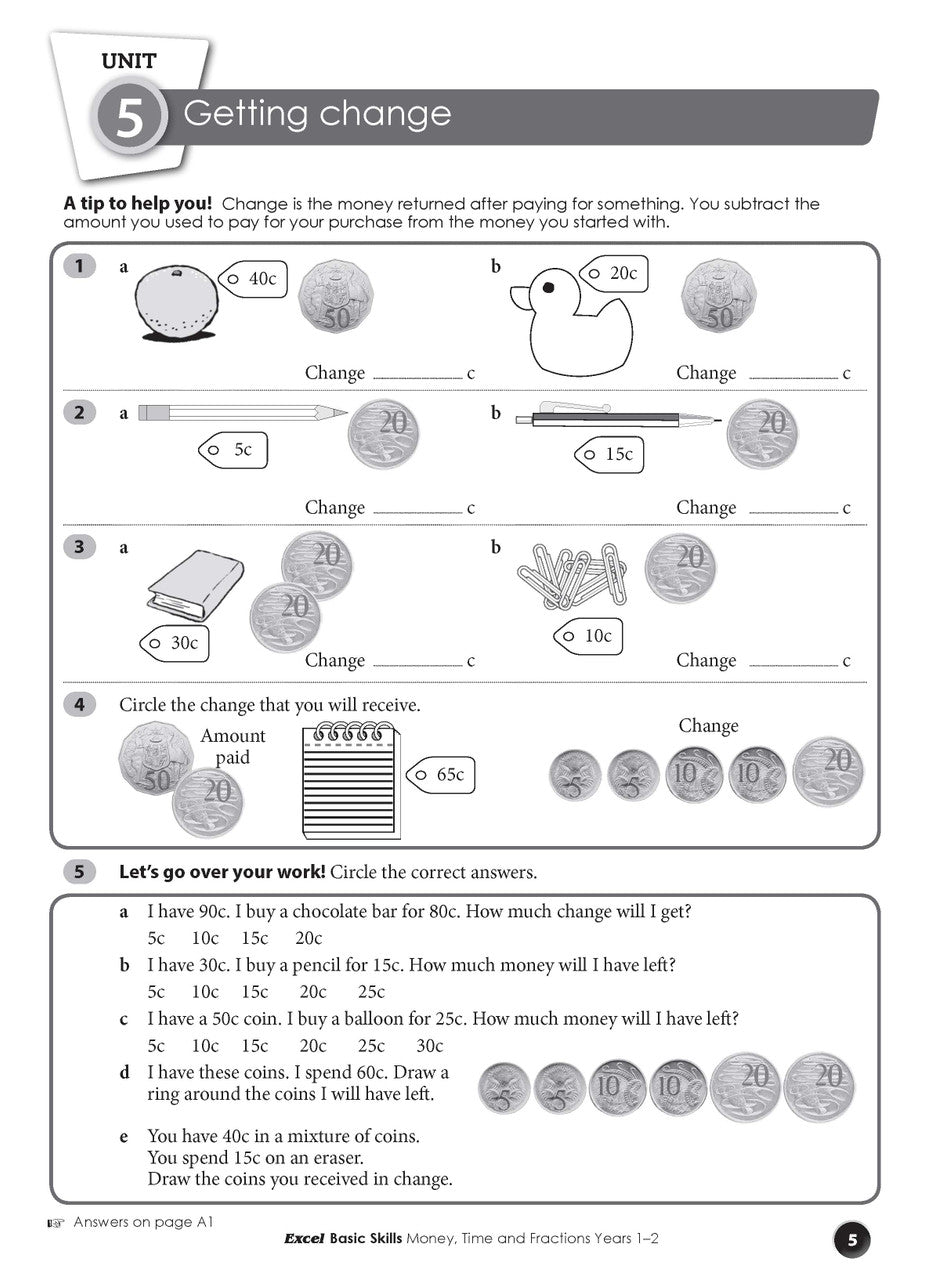 Sample interior page from the Excel Basic Skills Money, Time and Fractions Years 1-2 workbook, as shown in the Pascal Press gallery