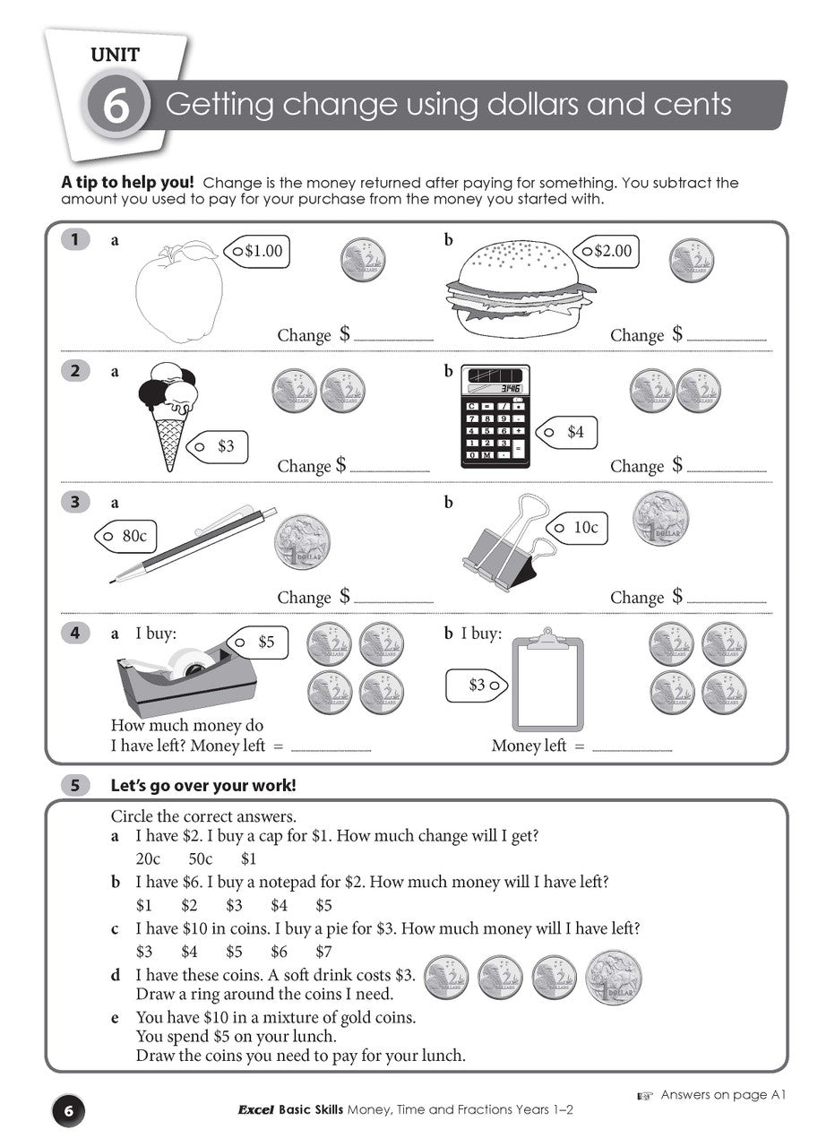Sample interior page from the Excel Basic Skills Money, Time and Fractions Years 1-2 workbook, as shown in the Pascal Press gallery