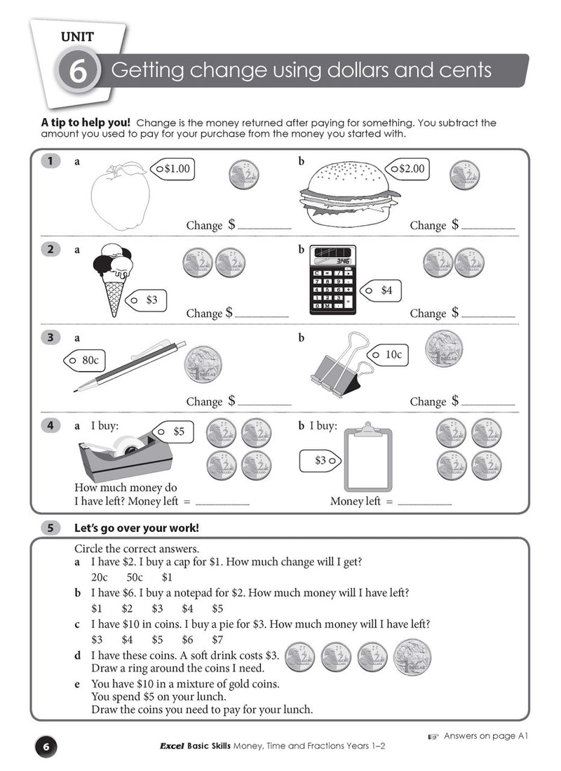 Sample interior page from the Excel Basic Skills Money, Time and Fractions Years 1-2 workbook, as shown in the Pascal Press gallery