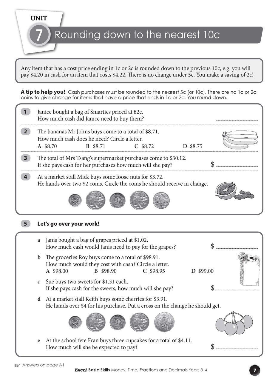 Sample interior page from the Excel Basic Skills Money, Time, Fractions and Decimals Years 3-4 workbook, as shown in the Pascal Press gallery