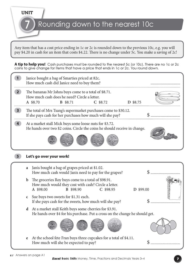 Sample interior page from the Excel Basic Skills Money, Time, Fractions and Decimals Years 3-4 workbook, as shown in the Pascal Press gallery