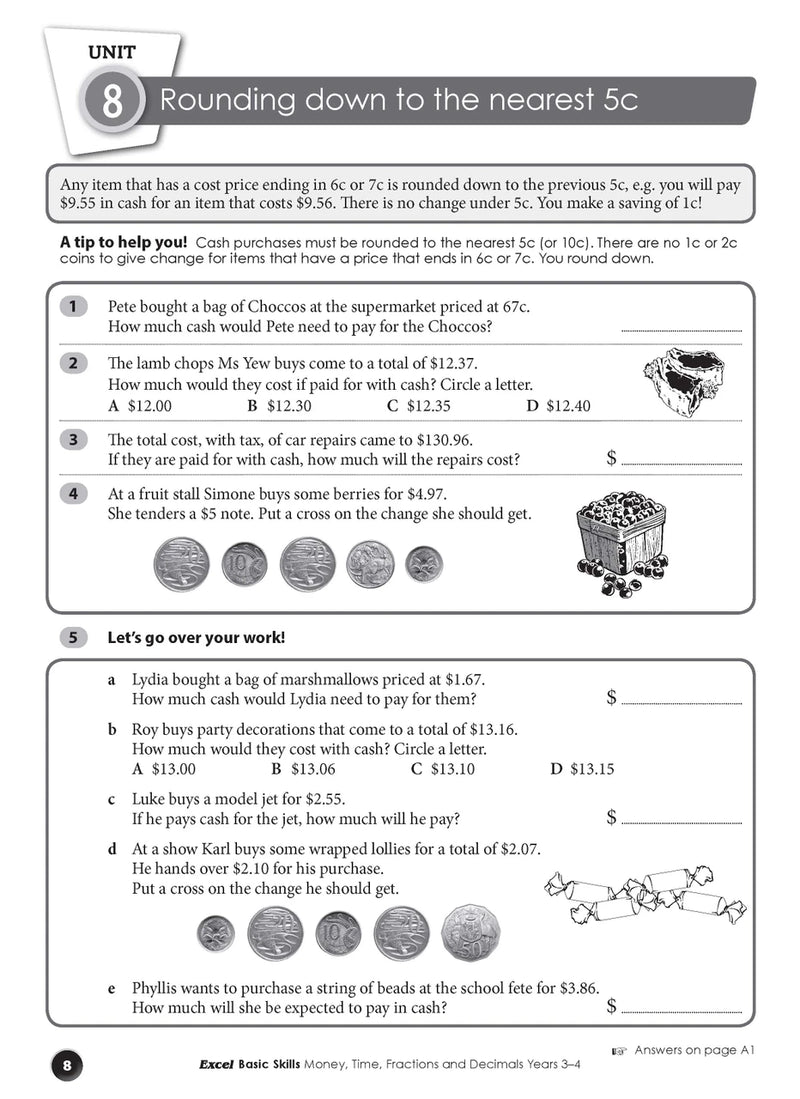 Sample interior page from the Excel Basic Skills Money, Time, Fractions and Decimals Years 3-4 workbook, as shown in the Pascal Press gallery
