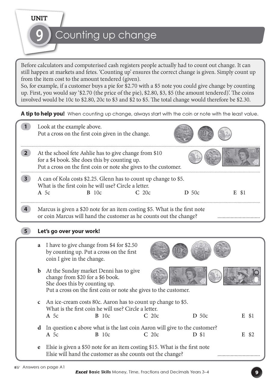 Sample interior page from the Excel Basic Skills Money, Time, Fractions and Decimals Years 3-4 workbook, as shown in the Pascal Press gallery