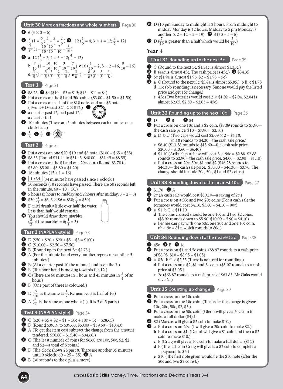 Sample interior page from the Excel Basic Skills Money, Time, Fractions and Decimals Years 3-4 workbook, as shown in the Pascal Press gallery