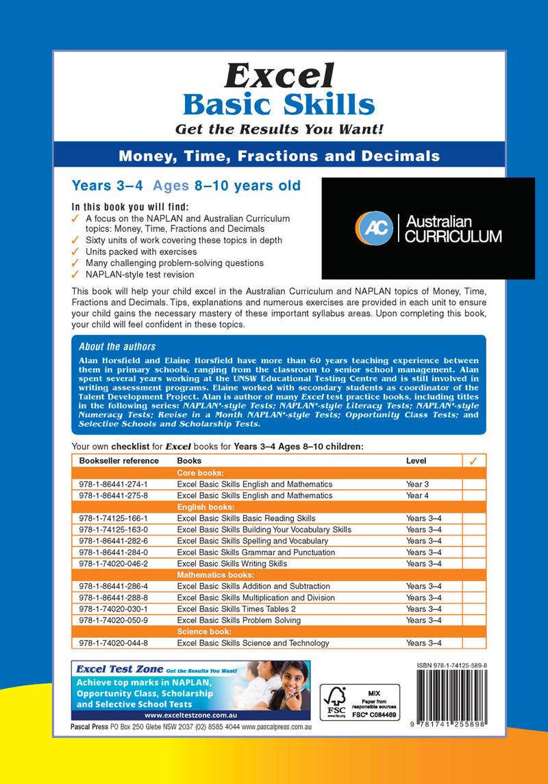 Sample interior page from the Excel Basic Skills Money, Time, Fractions and Decimals Years 3-4 workbook, as shown in the Pascal Press gallery