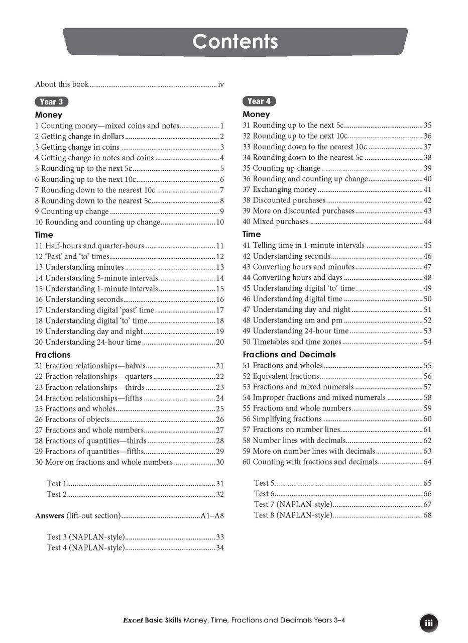 Sample interior page from the Excel Basic Skills Money, Time, Fractions and Decimals Years 3-4 workbook, as shown in the Pascal Press gallery