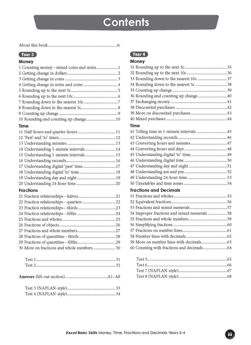 Sample interior page from the Excel Basic Skills Money, Time, Fractions and Decimals Years 3-4 workbook, as shown in the Pascal Press gallery