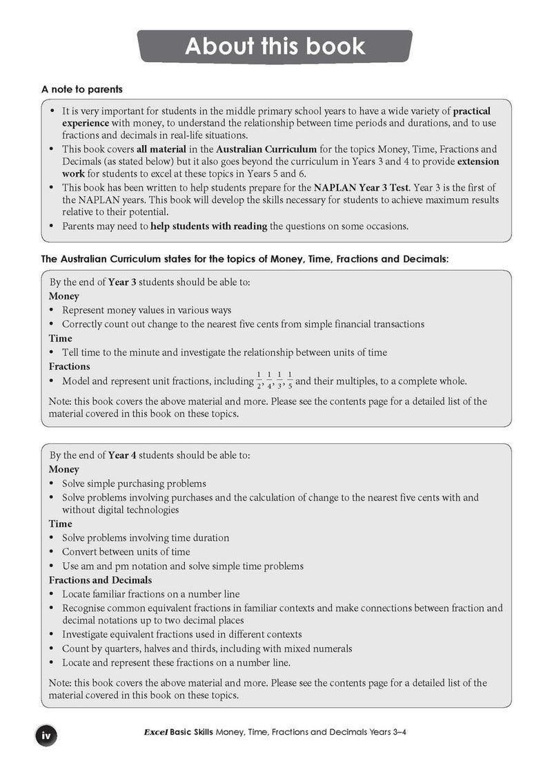 Sample interior page from the Excel Basic Skills Money, Time, Fractions and Decimals Years 3-4 workbook, as shown in the Pascal Press gallery