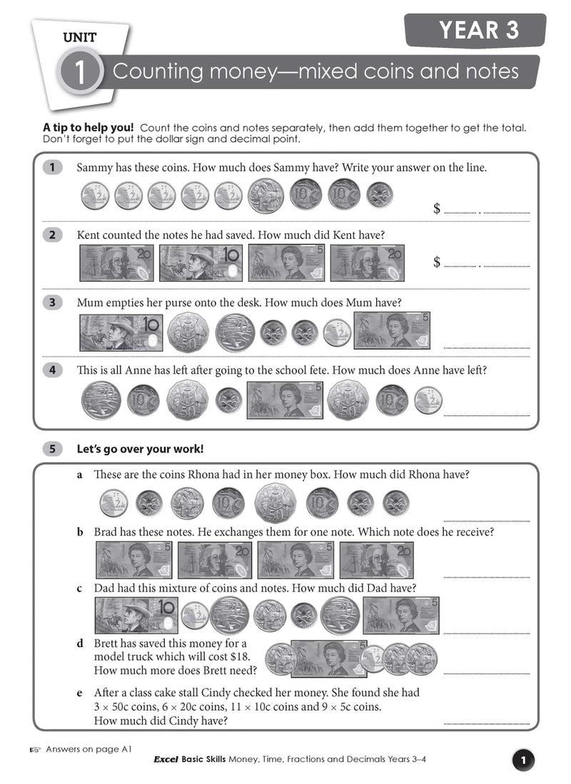 Sample interior page from the Excel Basic Skills Money, Time, Fractions and Decimals Years 3-4 workbook, as shown in the Pascal Press gallery