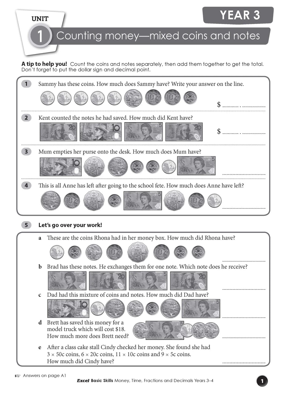 Sample interior page from the Excel Basic Skills Money, Time, Fractions and Decimals Years 3-4 workbook, as shown in the Pascal Press gallery