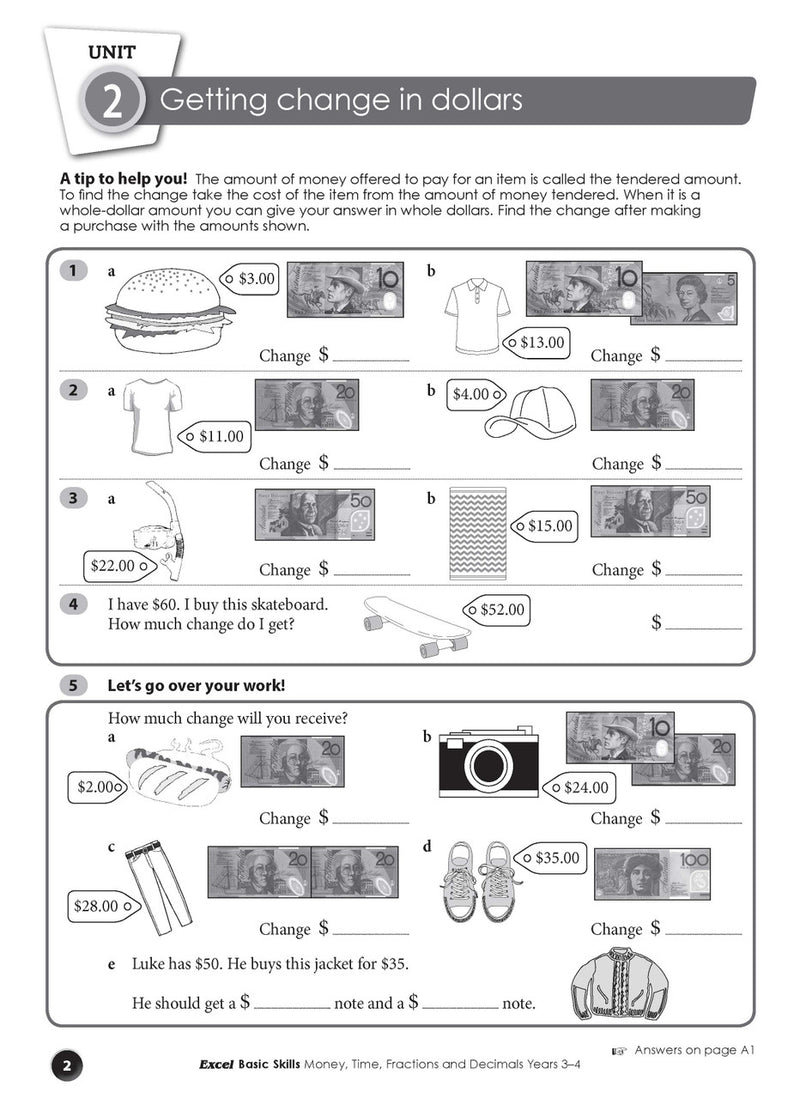 Sample interior page from the Excel Basic Skills Money, Time, Fractions and Decimals Years 3-4 workbook, as shown in the Pascal Press gallery