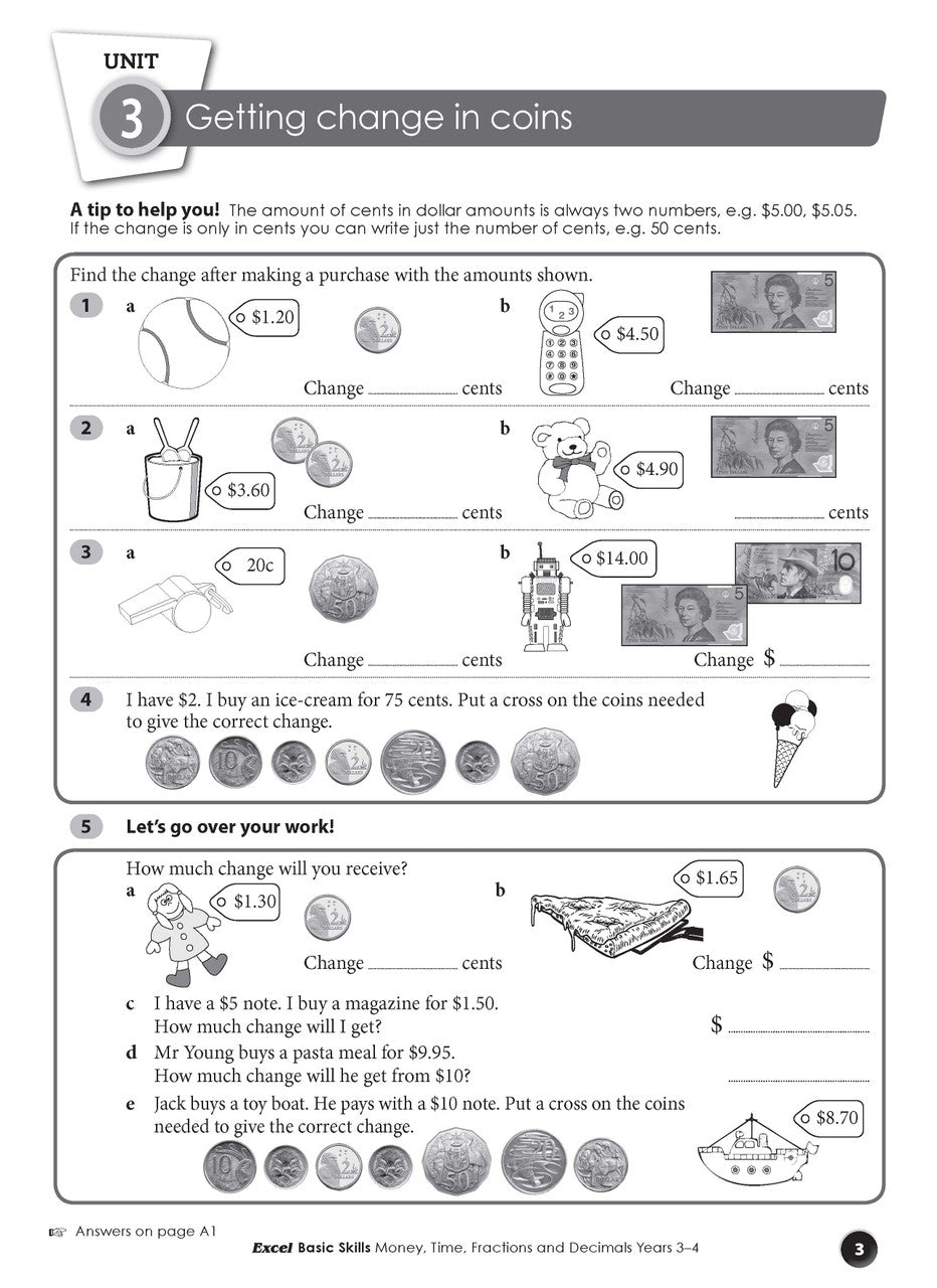 Sample interior page from the Excel Basic Skills Money, Time, Fractions and Decimals Years 3-4 workbook, as shown in the Pascal Press gallery