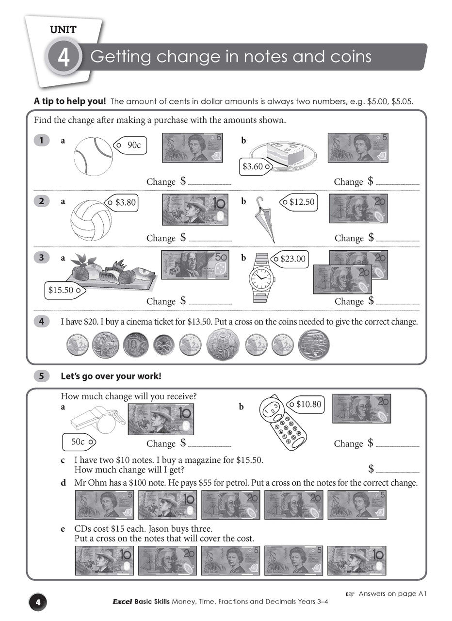 Sample interior page from the Excel Basic Skills Money, Time, Fractions and Decimals Years 3-4 workbook, as shown in the Pascal Press gallery