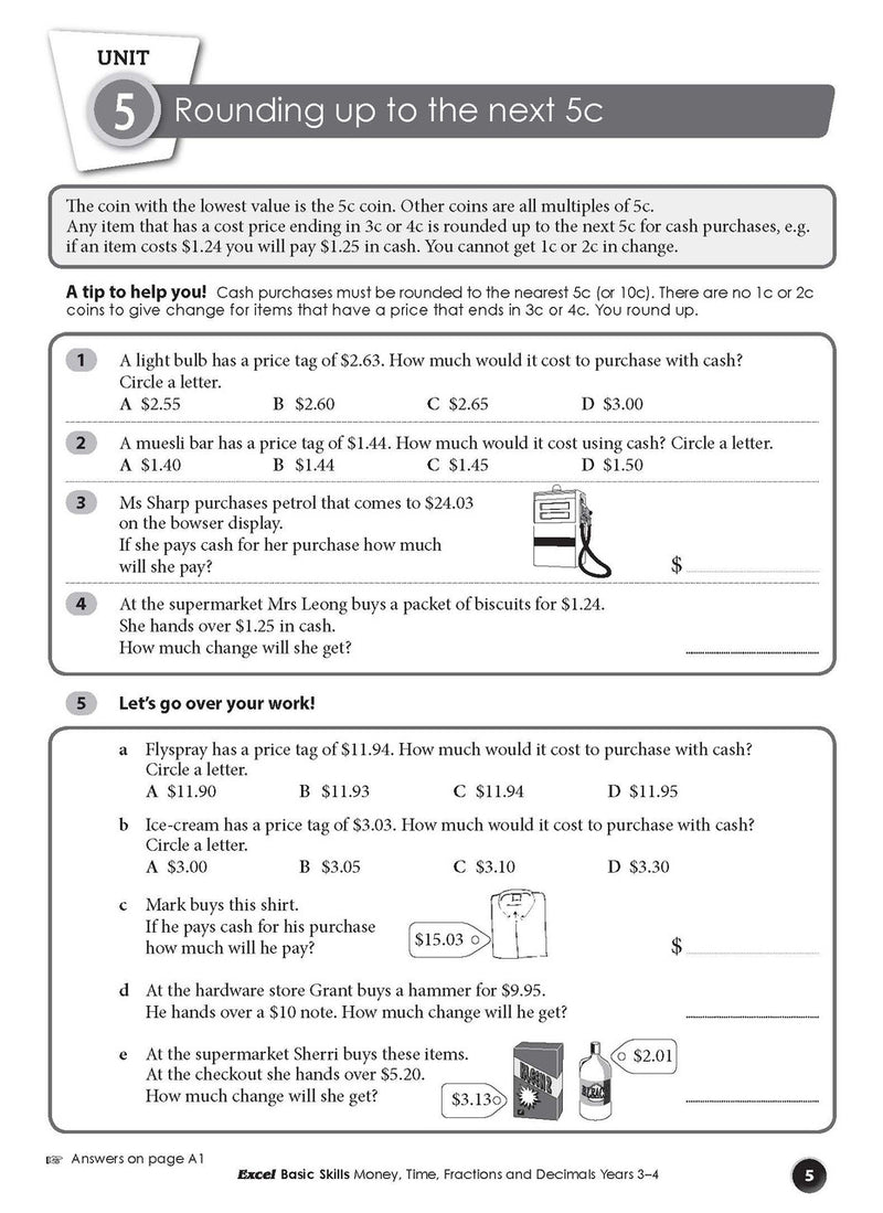 Sample interior page from the Excel Basic Skills Money, Time, Fractions and Decimals Years 3-4 workbook, as shown in the Pascal Press gallery