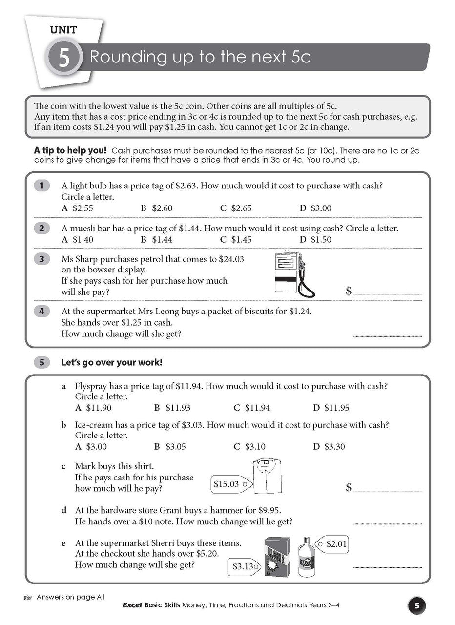 Sample interior page from the Excel Basic Skills Money, Time, Fractions and Decimals Years 3-4 workbook, as shown in the Pascal Press gallery