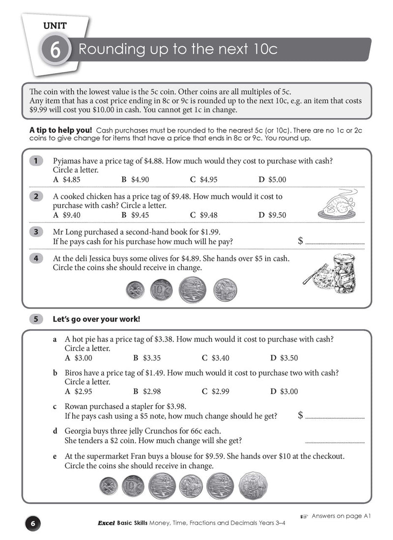 Sample interior page from the Excel Basic Skills Money, Time, Fractions and Decimals Years 3-4 workbook, as shown in the Pascal Press gallery