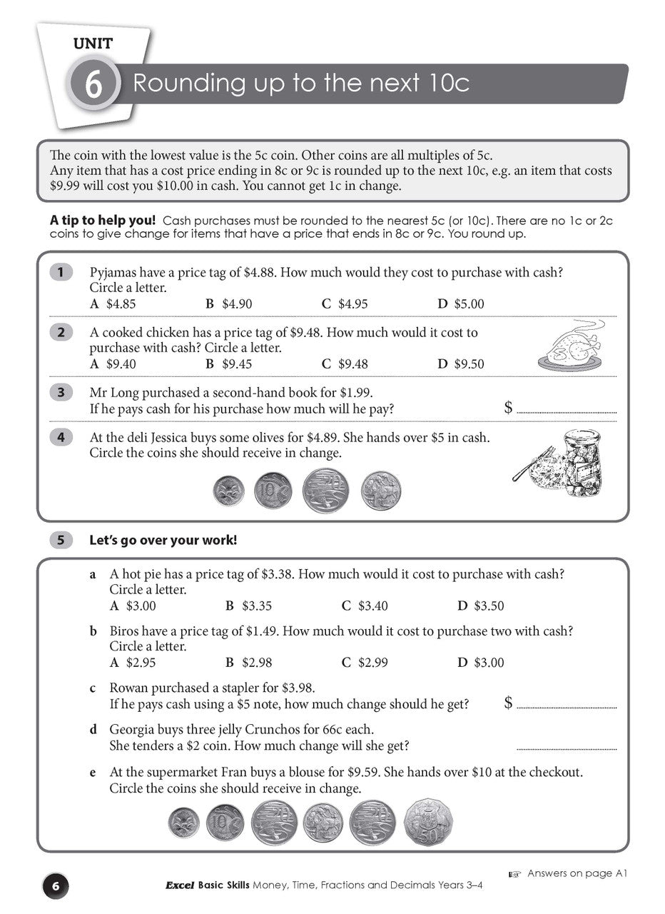 Sample interior page from the Excel Basic Skills Money, Time, Fractions and Decimals Years 3-4 workbook, as shown in the Pascal Press gallery