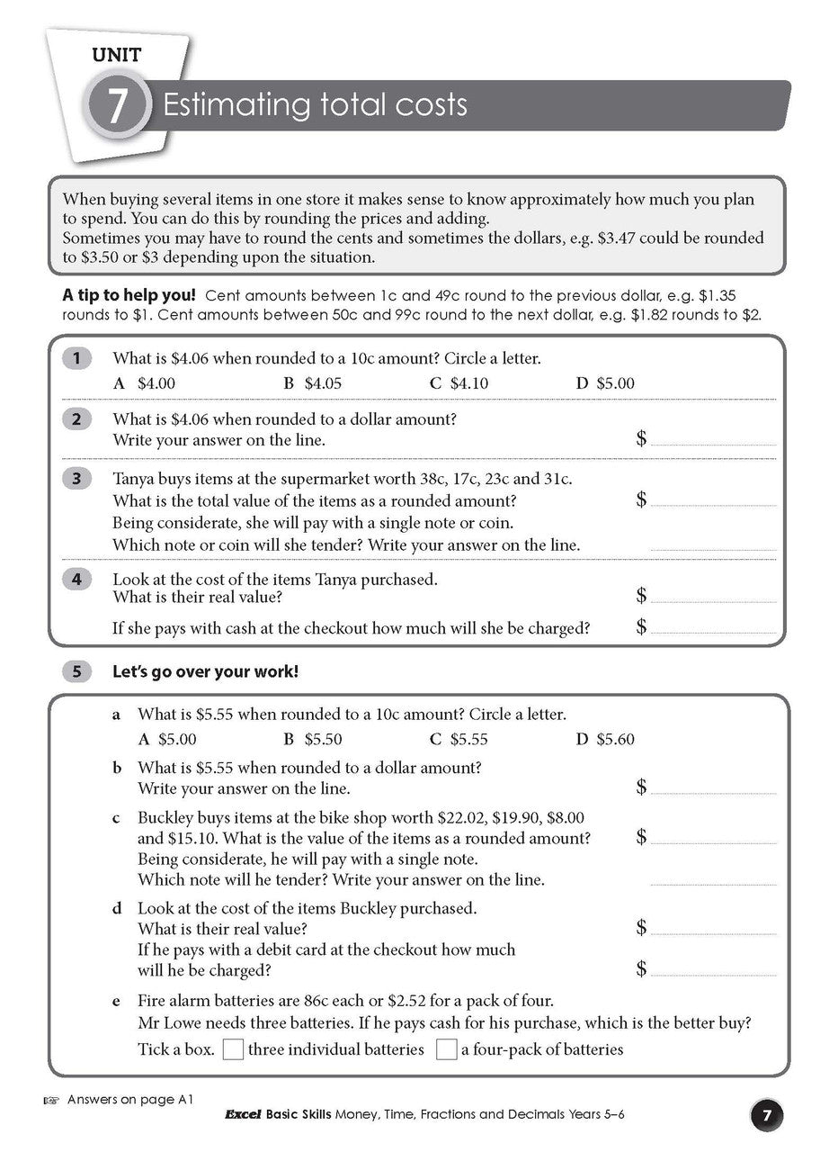 Sample inside page from Excel Basic Skills Money, Time, Fractions and Decimals Years 5-6, previewing the workbook's layout and question style