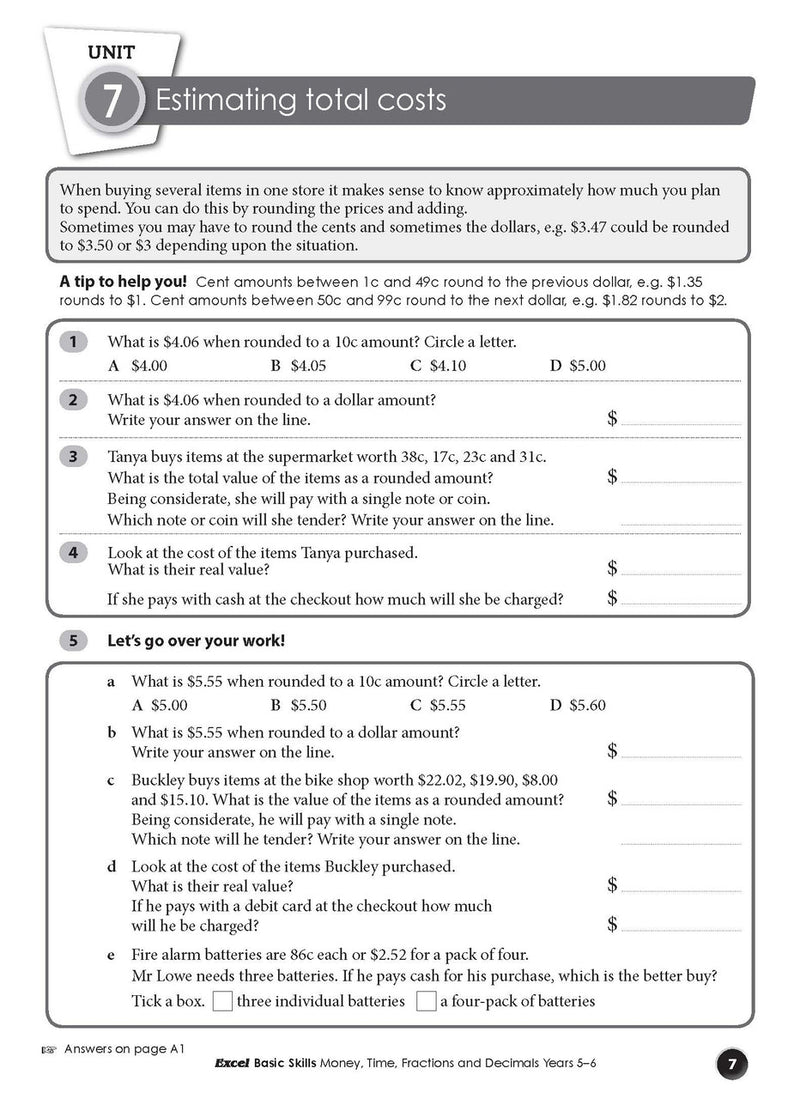 Sample inside page from Excel Basic Skills Money, Time, Fractions and Decimals Years 5-6, previewing the workbook's layout and question style
