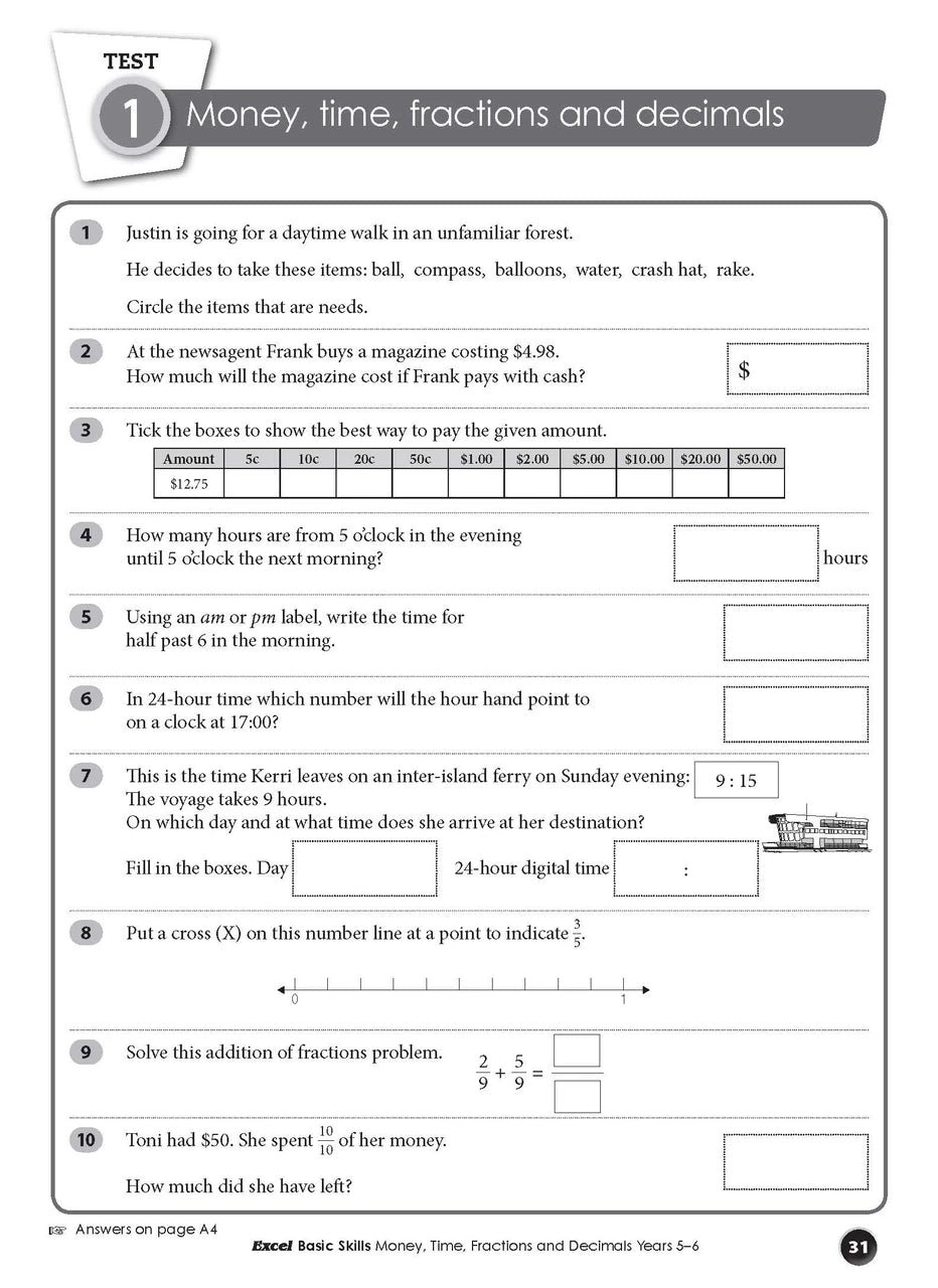 Preview of an inside spread from Excel Basic Skills Money, Time, Fractions and Decimals Years 5-6, showing how the exercises are set out on the page