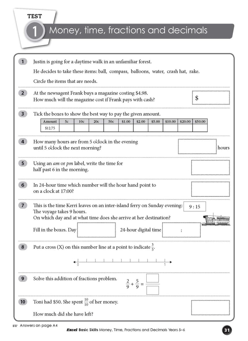 Preview of an inside spread from Excel Basic Skills Money, Time, Fractions and Decimals Years 5-6, showing how the exercises are set out on the page