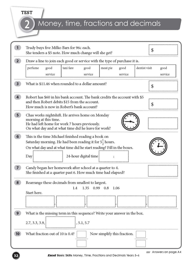 Inside page sample from Excel Basic Skills Money, Time, Fractions and Decimals Years 5-6 giving a look at the practice questions and page design