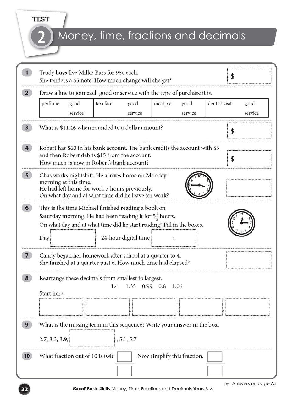 Inside page sample from Excel Basic Skills Money, Time, Fractions and Decimals Years 5-6 giving a look at the practice questions and page design
