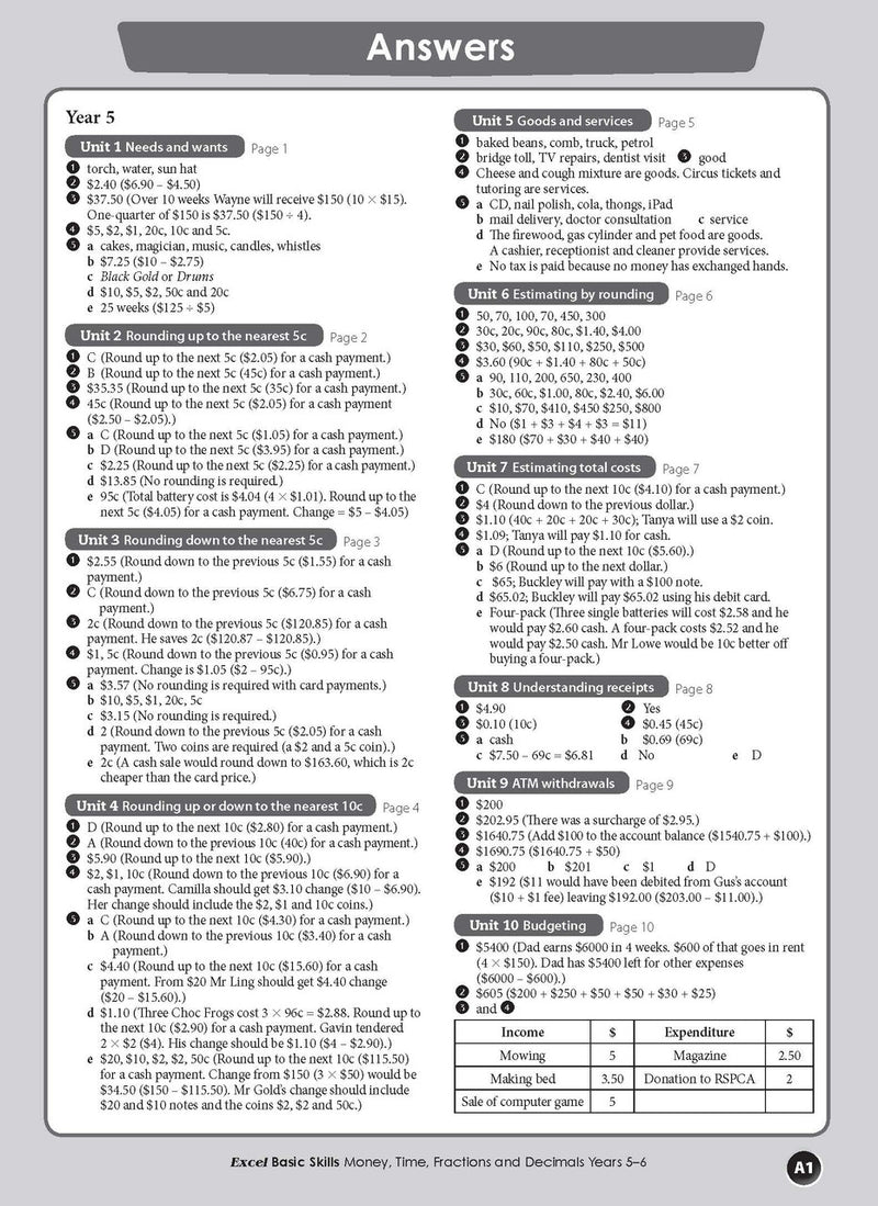 Sample inside page from Excel Basic Skills Money, Time, Fractions and Decimals Years 5-6, previewing the workbook's layout and question style