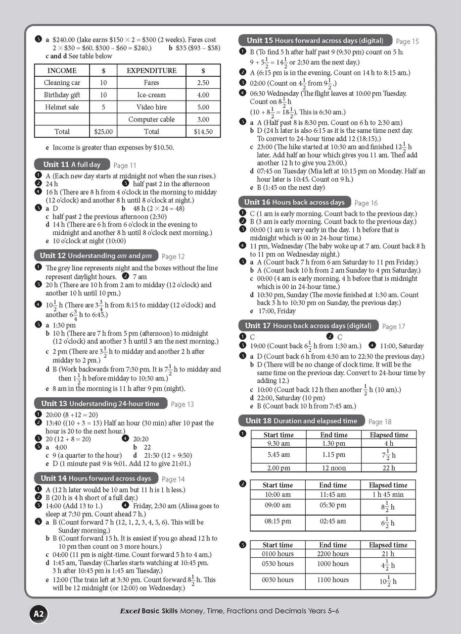 Preview of an inside spread from Excel Basic Skills Money, Time, Fractions and Decimals Years 5-6, showing how the exercises are set out on the page