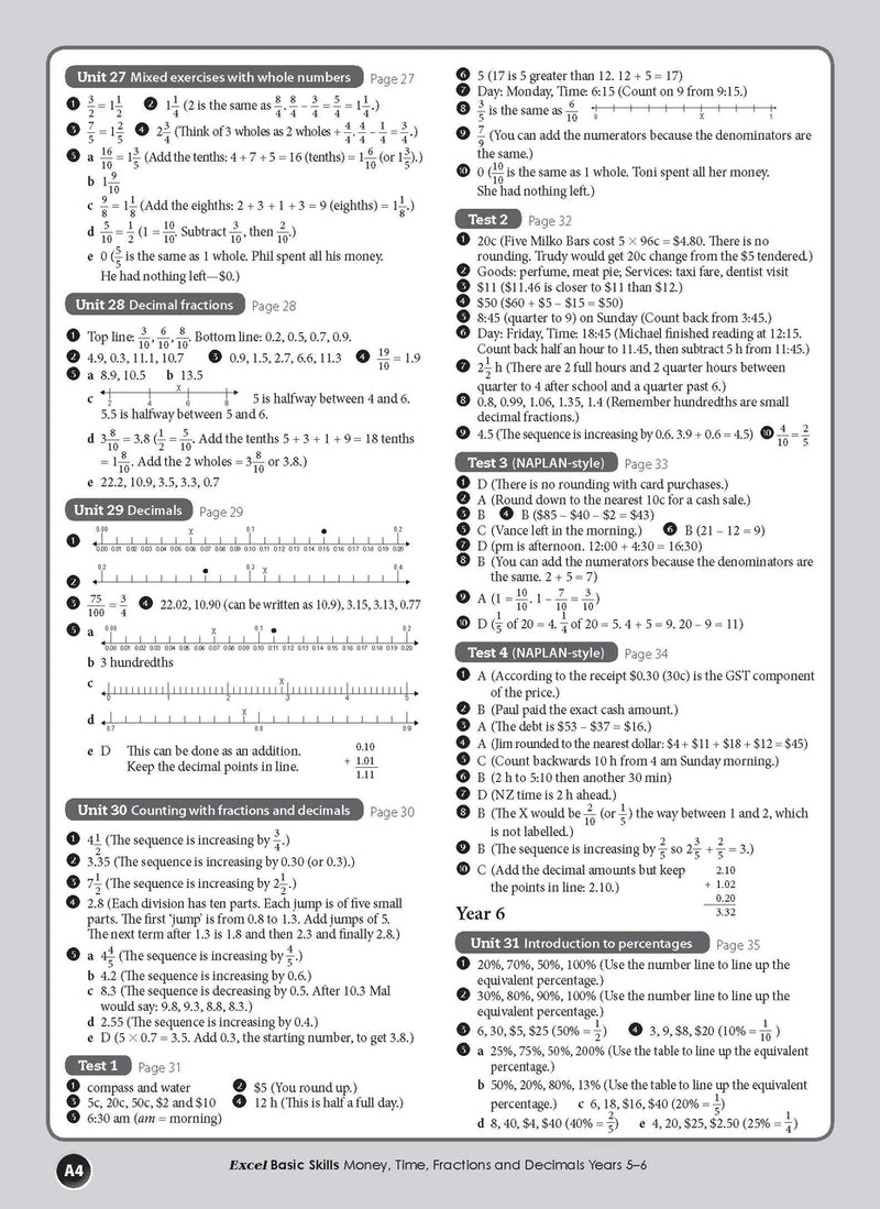 Inside page sample from Excel Basic Skills Money, Time, Fractions and Decimals Years 5-6 giving a look at the practice questions and page design