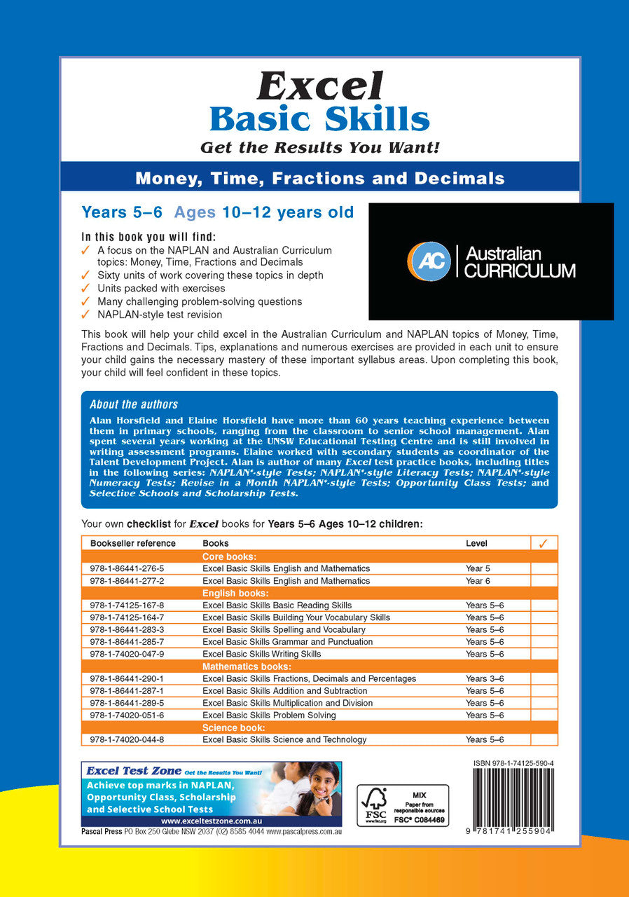 Back cover of Excel Basic Skills Money, Time, Fractions and Decimals Years 5-6, showing the publisher's summary of the workbook and its series details