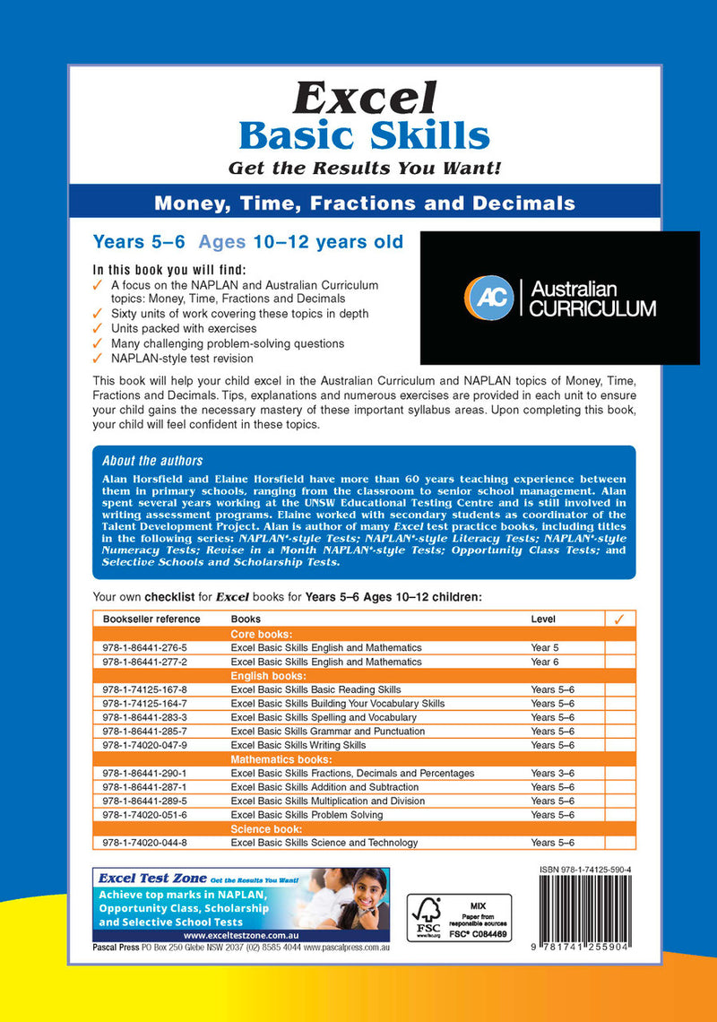 Back cover of Excel Basic Skills Money, Time, Fractions and Decimals Years 5-6, showing the publisher's summary of the workbook and its series details
