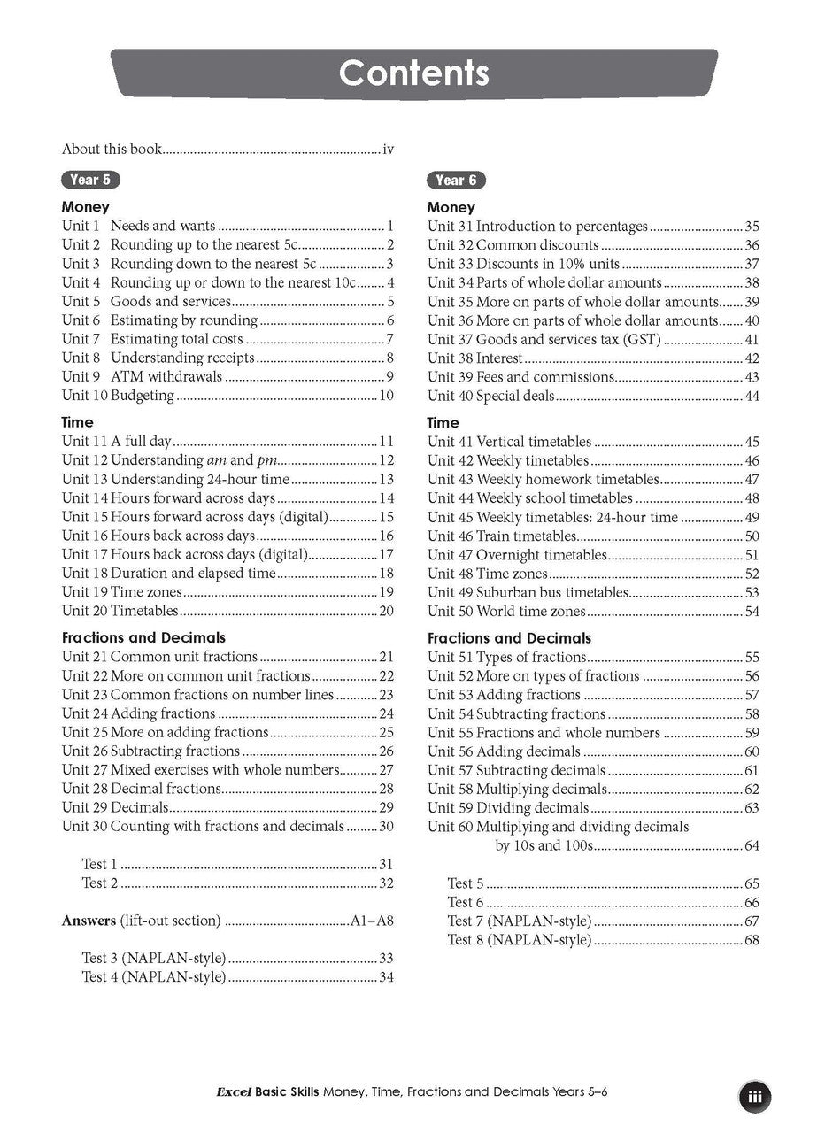 Preview of an inside spread from Excel Basic Skills Money, Time, Fractions and Decimals Years 5-6, showing how the exercises are set out on the page