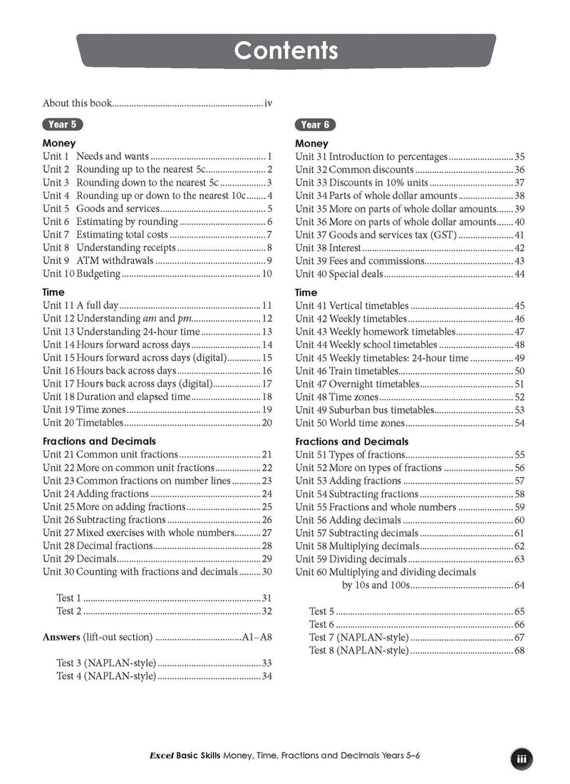 Preview of an inside spread from Excel Basic Skills Money, Time, Fractions and Decimals Years 5-6, showing how the exercises are set out on the page