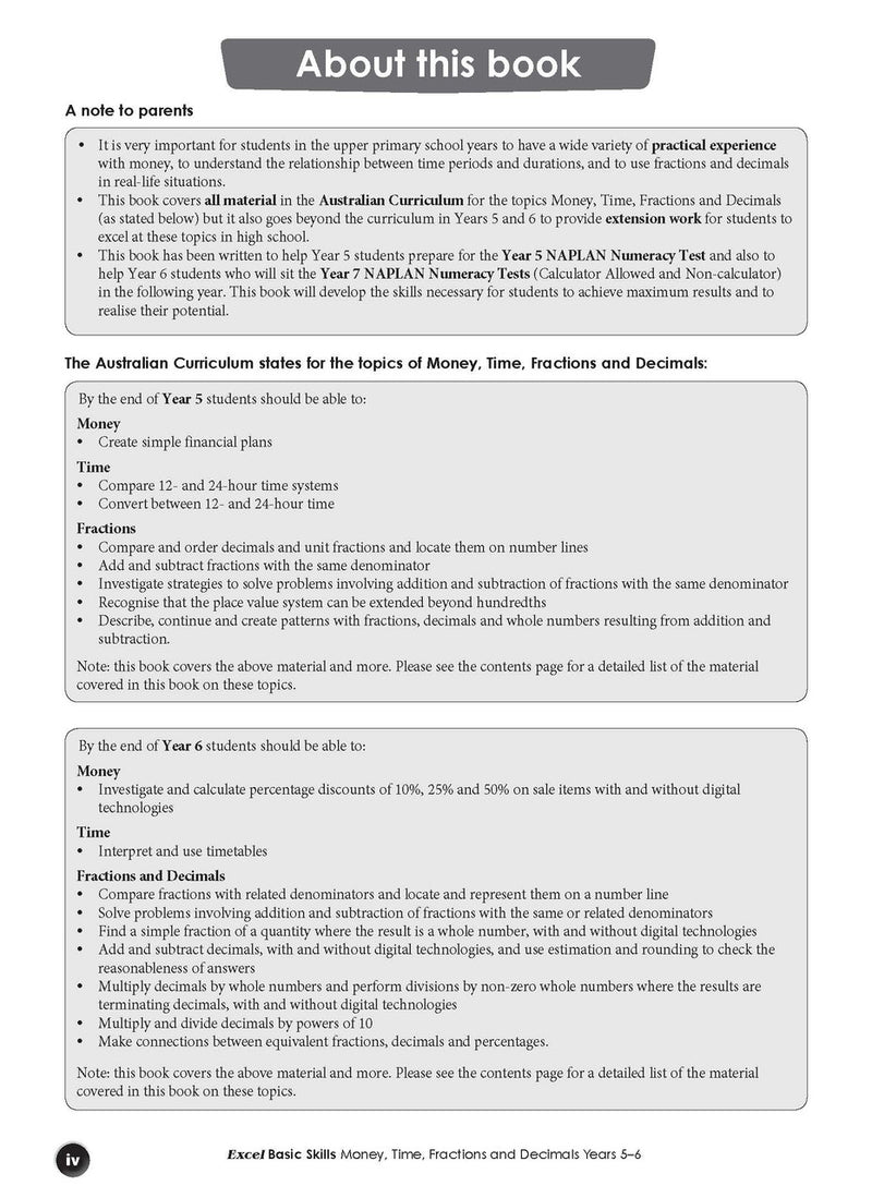 Inside page sample from Excel Basic Skills Money, Time, Fractions and Decimals Years 5-6 giving a look at the practice questions and page design