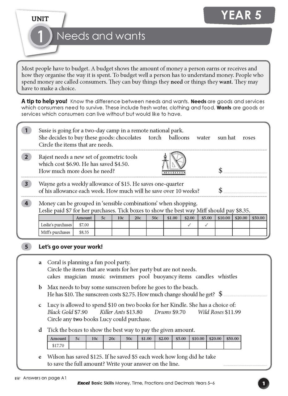 Sample inside page from Excel Basic Skills Money, Time, Fractions and Decimals Years 5-6, previewing the workbook's layout and question style
