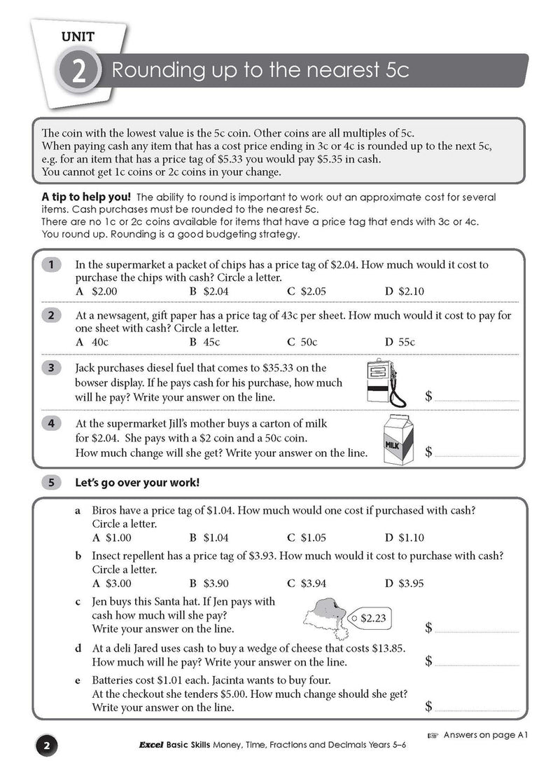 Preview of an inside spread from Excel Basic Skills Money, Time, Fractions and Decimals Years 5-6, showing how the exercises are set out on the page