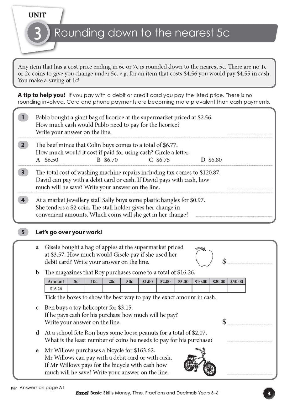 Inside page sample from Excel Basic Skills Money, Time, Fractions and Decimals Years 5-6 giving a look at the practice questions and page design