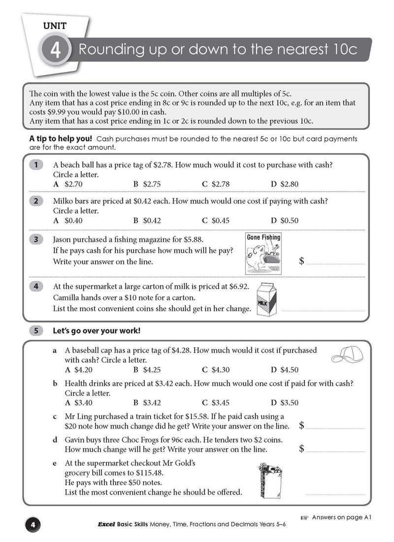 Sample inside page from Excel Basic Skills Money, Time, Fractions and Decimals Years 5-6, previewing the workbook's layout and question style