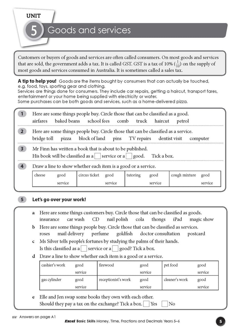 Preview of an inside spread from Excel Basic Skills Money, Time, Fractions and Decimals Years 5-6, showing how the exercises are set out on the page