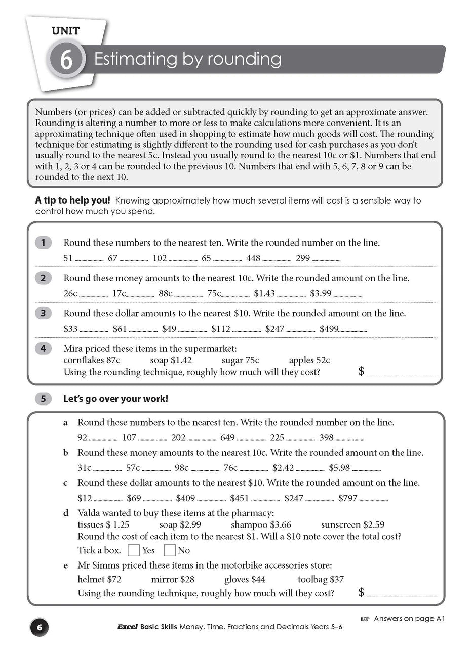 Inside page sample from Excel Basic Skills Money, Time, Fractions and Decimals Years 5-6 giving a look at the practice questions and page design