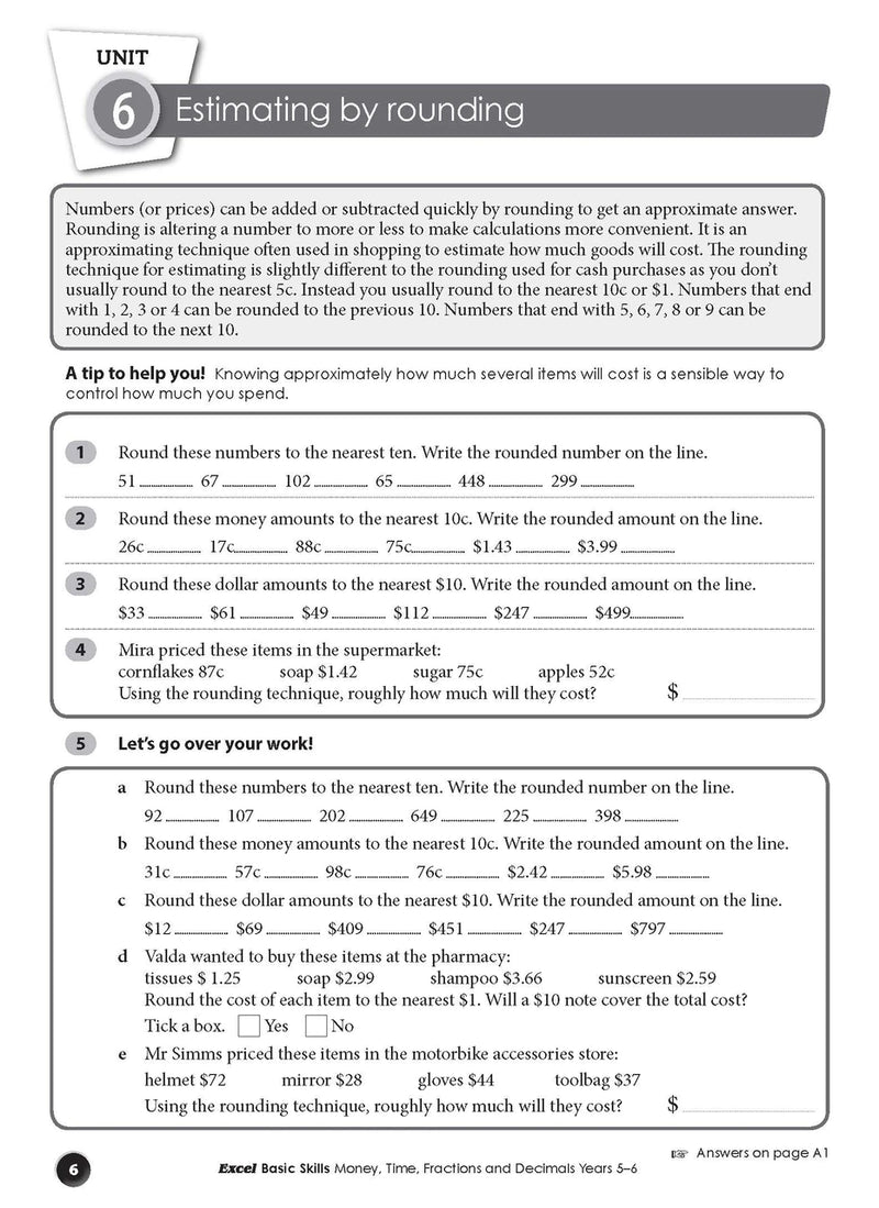 Inside page sample from Excel Basic Skills Money, Time, Fractions and Decimals Years 5-6 giving a look at the practice questions and page design