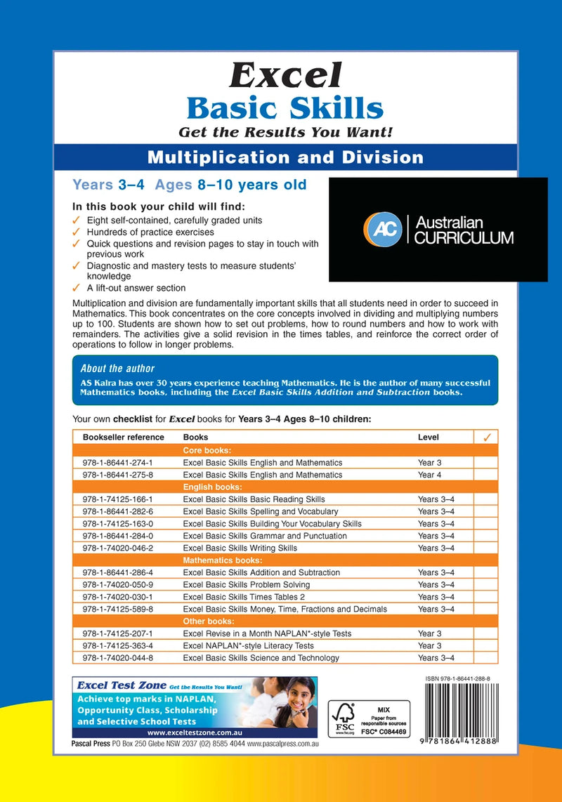 Back cover of Excel Basic Skills Multiplication and Division Years 3-4, showing the publisher's summary of the workbook and its series details