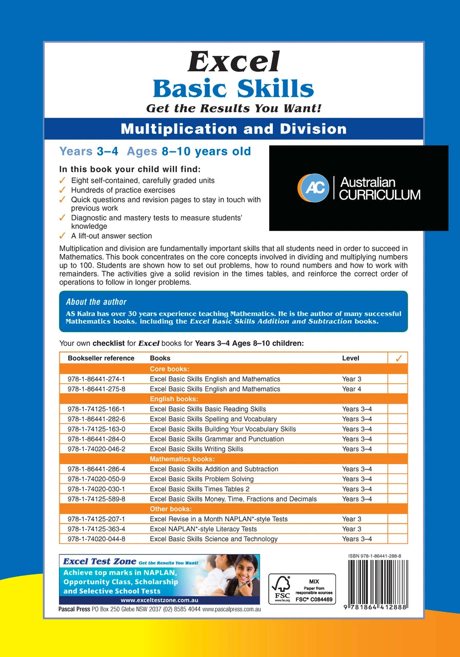 Back cover of Excel Basic Skills Multiplication and Division Years 3-4, showing the publisher's summary of the workbook and its series details
