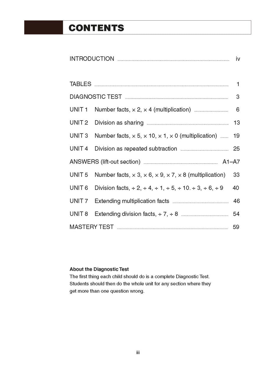 Preview of an inside spread from Excel Basic Skills Multiplication and Division Years 3-4, showing how the exercises are set out on the page