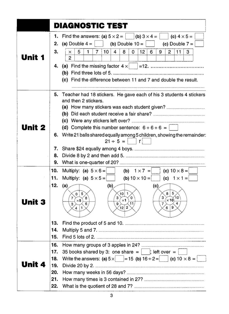 Inside page sample from Excel Basic Skills Multiplication and Division Years 3-4 giving a look at the practice questions and page design
