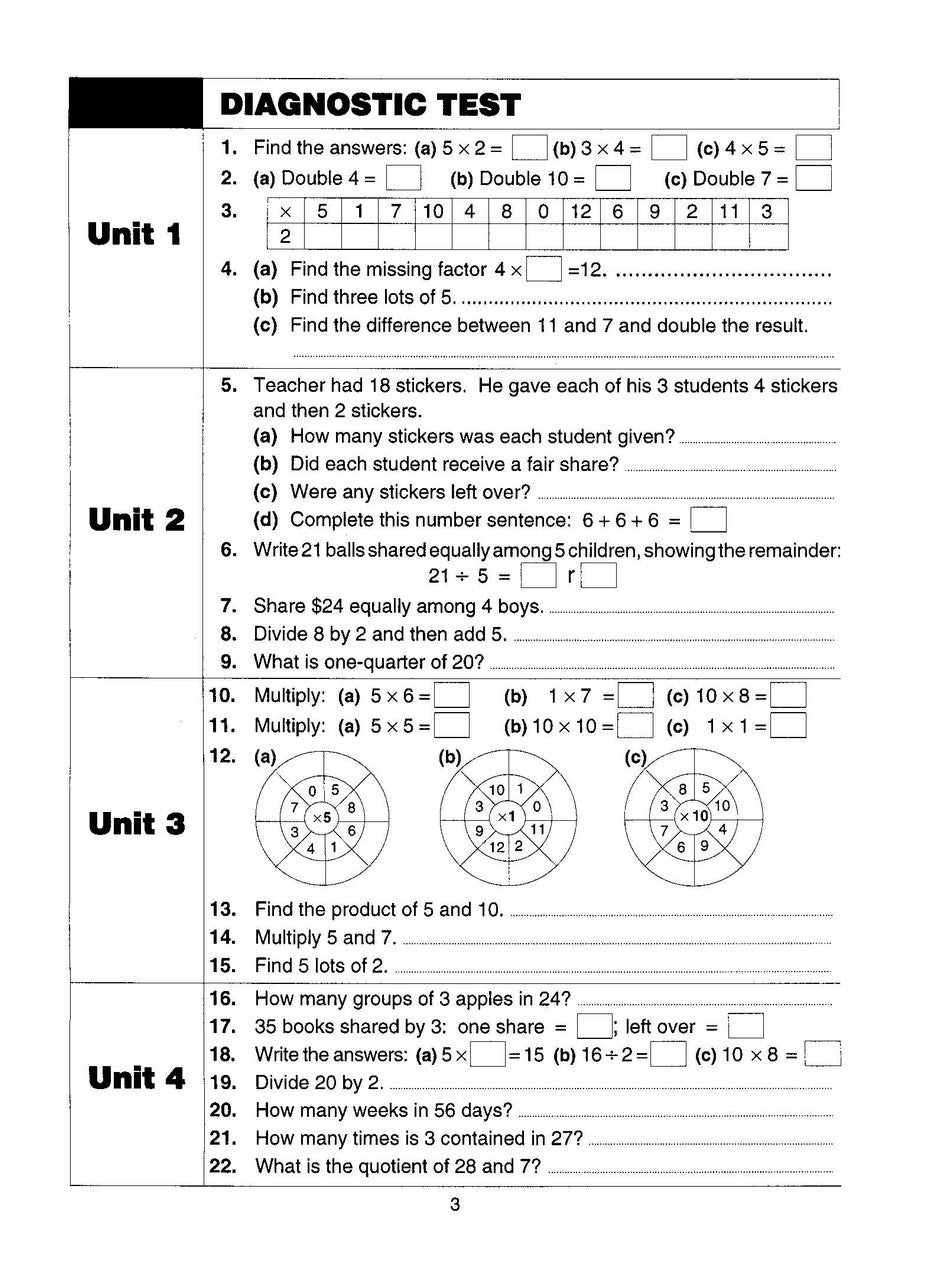 Inside page sample from Excel Basic Skills Multiplication and Division Years 3-4 giving a look at the practice questions and page design