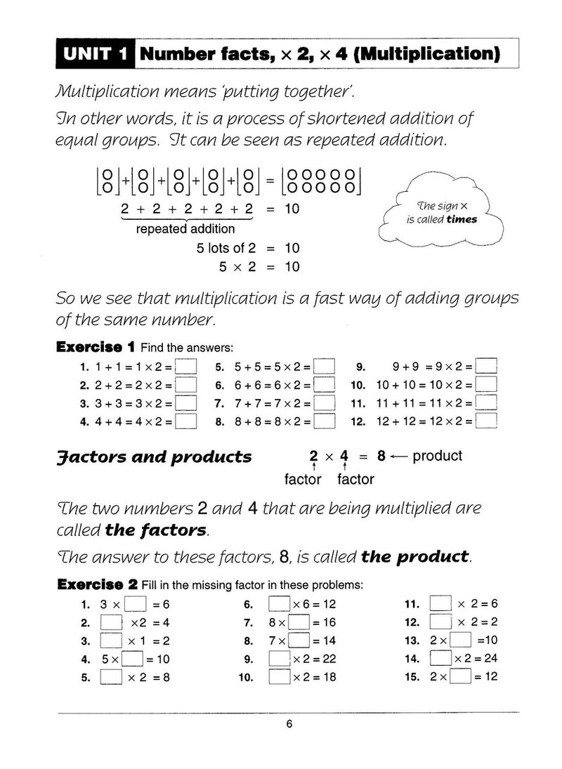 Inside page sample from Excel Basic Skills Multiplication and Division Years 3-4 giving a look at the practice questions and page design